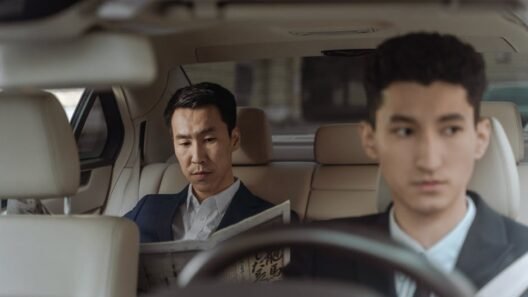 Elegant Asian businessman reading a newspaper inside a luxury car. Professional driver in focus