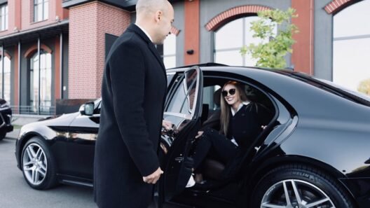 Man in coat smiling as he opens a black car door for a woman wearing sunglasses